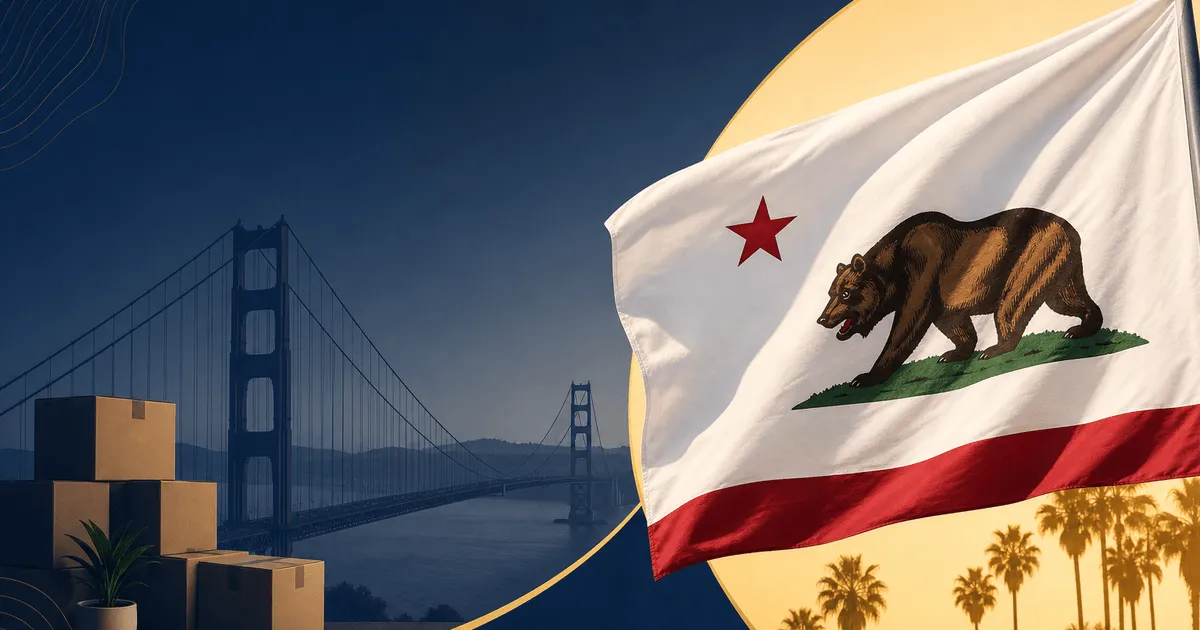 California state flag with relocation and tax savings theme