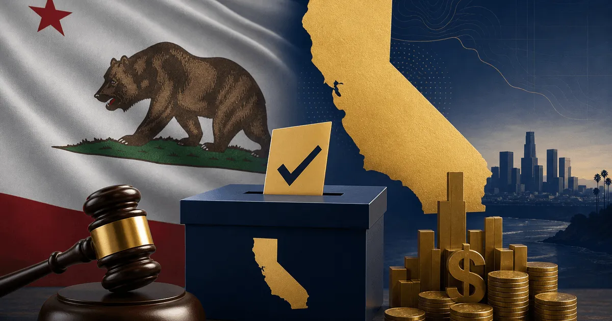 California state flag with pending wealth tax ballot theme
