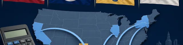 Flags of California, New York, New Jersey, and Illinois with relocation savings comparison