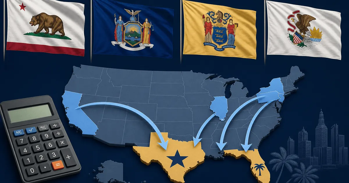 Flags of California, New York, New Jersey, and Illinois with relocation savings comparison