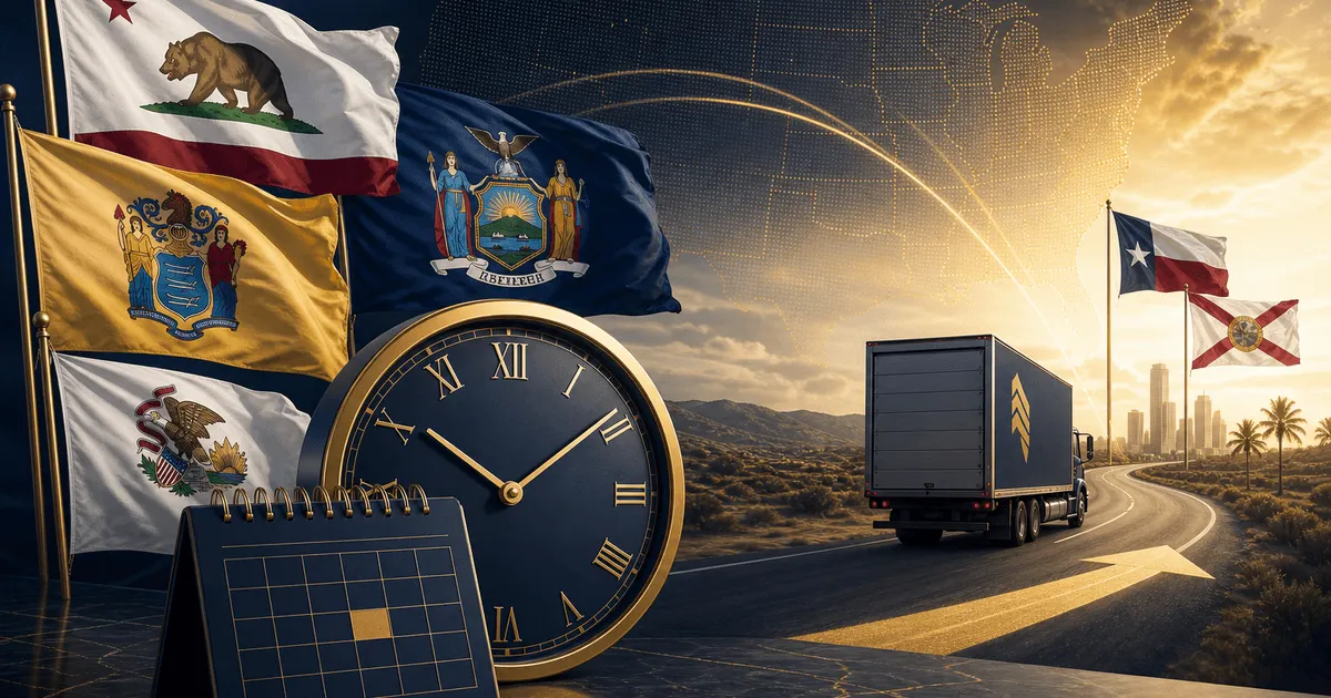 State flags with clock showing urgency to relocate before tax rule changes