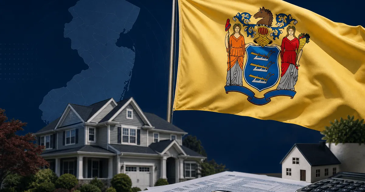 New Jersey state flag with exit tax and residency theme