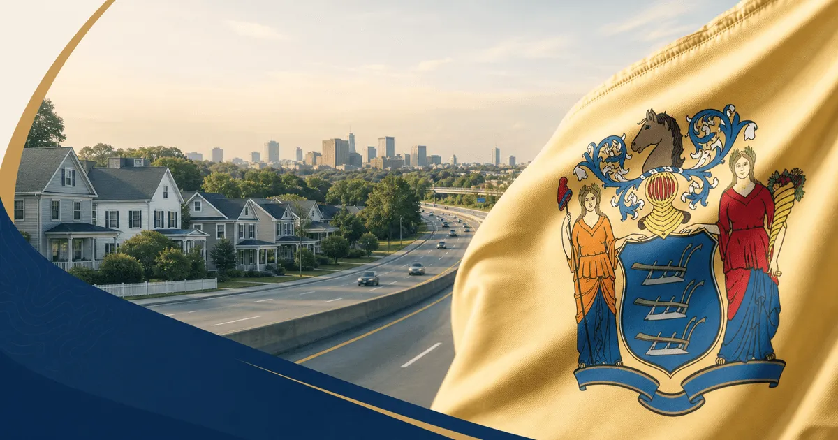 New Jersey state flag with relocation and property tax theme