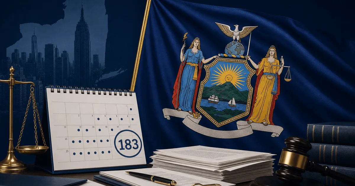New York state flag with NYC residency and exit tax theme