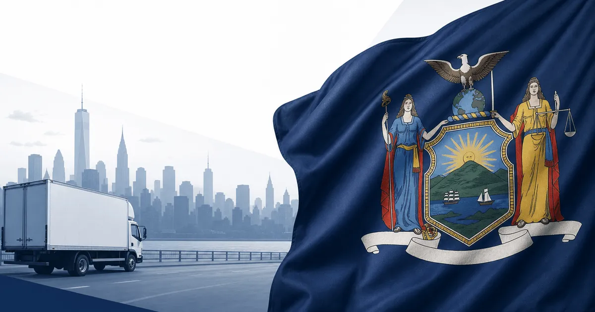New York state flag with NYC tax and relocation theme