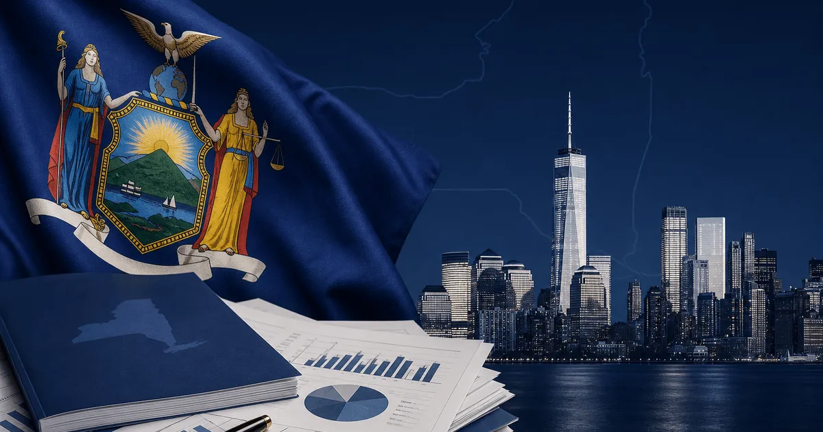 New York state flag with pending tax proposals theme